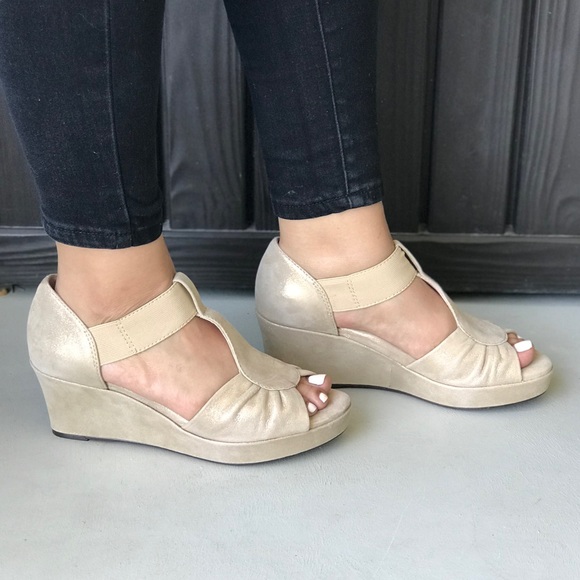 Leather Peep Toe Pleated Elastic Straps Wedge - Picture 2 of 7